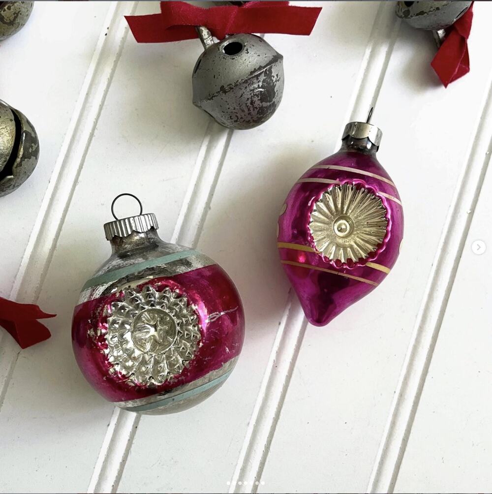 Vintage PINK Silver Double Indent Glass Ornaments Christmas Hand Decorated PAIR